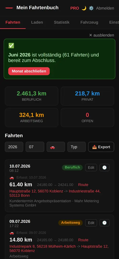 Dieselbe Fahrtenliste auf dem Smartphone.